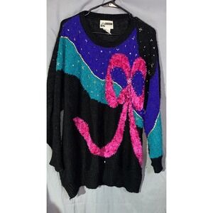 Vintage Distinctly Different Sweater Women 42 Oversized 80s Floral Sparkly Knit